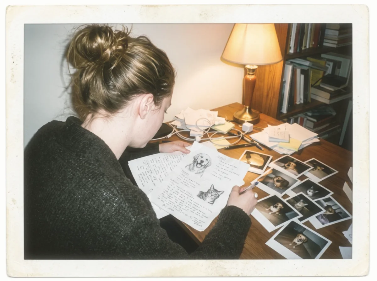 A reader at a lamplit desk at night, writing on a sheet of handwritten notes, photographs of dogs and cats spread across the table.